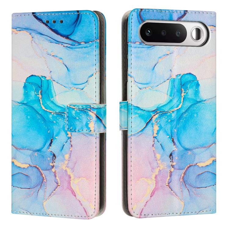 Flip wallet phone case with painted marble pattern in blue with pink accents, leather look