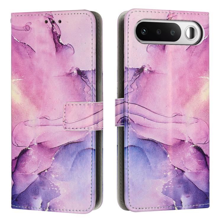 Flip wallet phone case with painted marble pattern in pink and purple, leather look