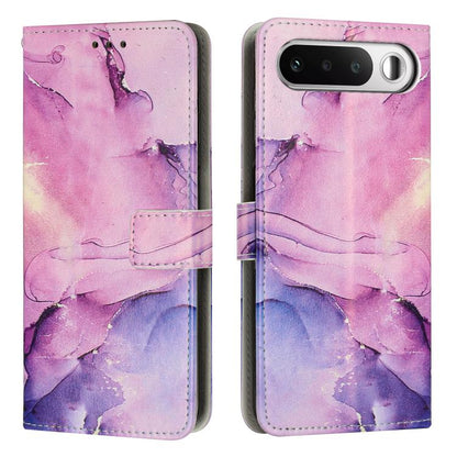 Flip wallet phone case with painted marble pattern in pink and purple, leather look