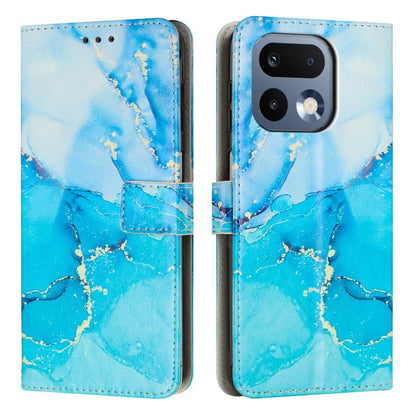 Blue marble-pattern leather phone case with flip cover, card slot, and camera cutouts.