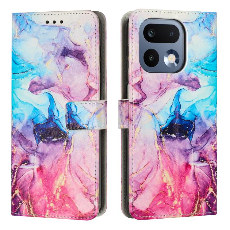Multicolor marble-pattern leather phone case with flip cover and camera cutouts.
