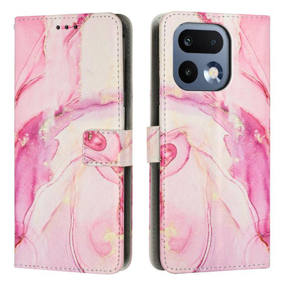 Pink marble-pattern leather phone case with flip cover, card slot, and camera cutouts.