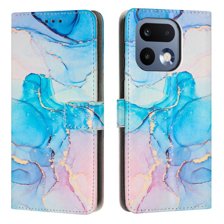 Blue and purple marble-pattern leather phone case with flip cover and camera cutouts.