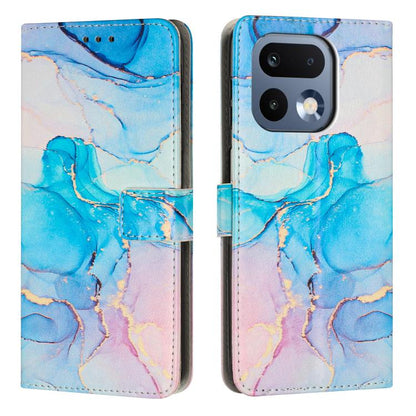Blue and purple marble-pattern leather phone case with flip cover and camera cutouts.
