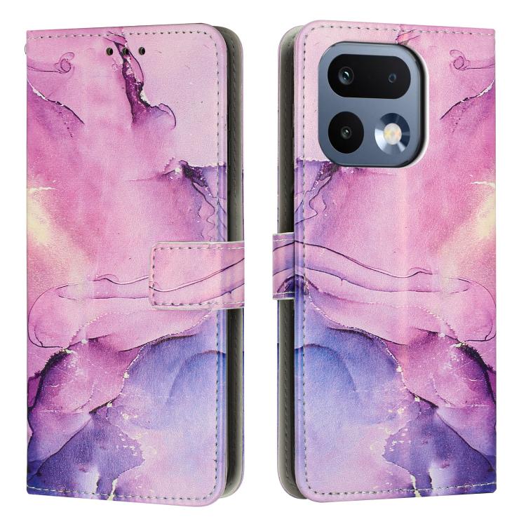 Pink and purple marble-pattern leather phone case with flip cover and camera cutouts.