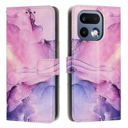 Pink and purple marble-pattern leather phone case with flip cover and camera cutouts.