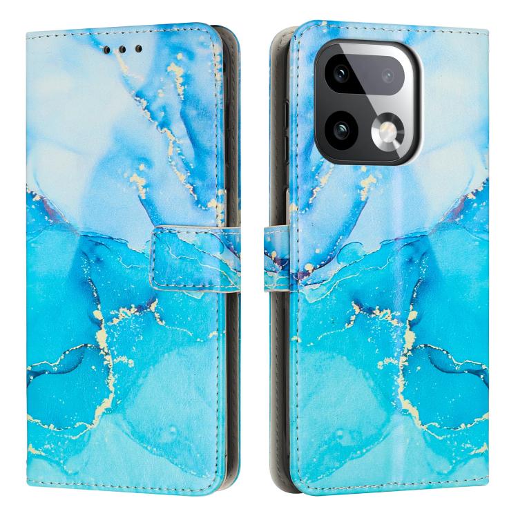 Flip wallet phone case with painted marble pattern in blue with gray, leather look