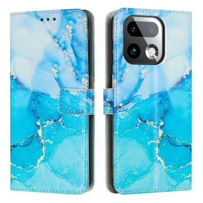 Flip wallet phone case with painted marble pattern in blue with gray, leather look