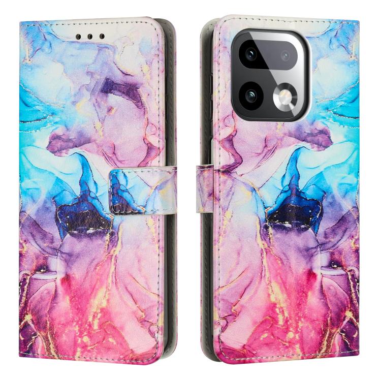 Flip wallet phone case with painted marble pattern in blue and pink, leather look