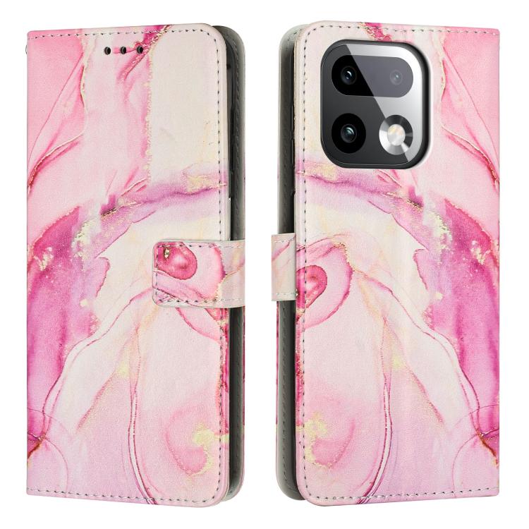 Flip wallet phone case with painted marble pattern in pink and cream, leather look