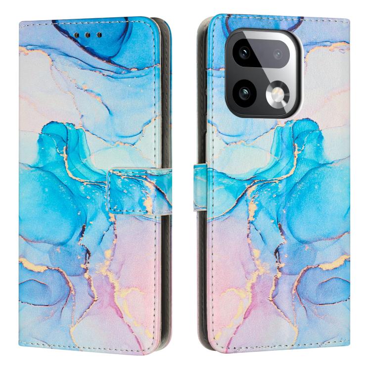 Flip wallet phone case with painted marble pattern in blue and lilac, leather look