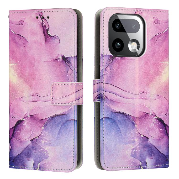 Pink and purple marble-pattern leather phone case with flip cover and cutouts.