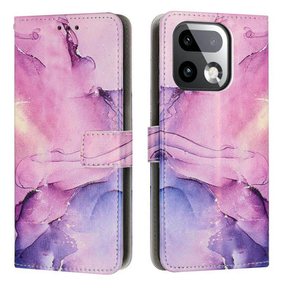 Pink and purple marble-pattern leather phone case with flip cover and cutouts.