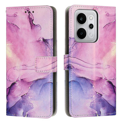 Flip wallet phone case with painted marble pattern in pink and purple, leather look
