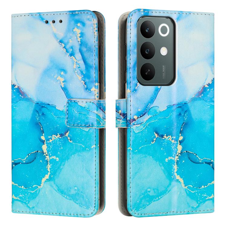 Marble pattern leather wallet phone case, blue and cyan with front flap
