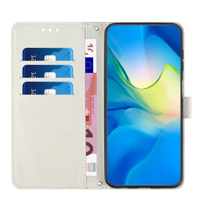 Light-colored leather wallet phone case with card slots and magnetic closure