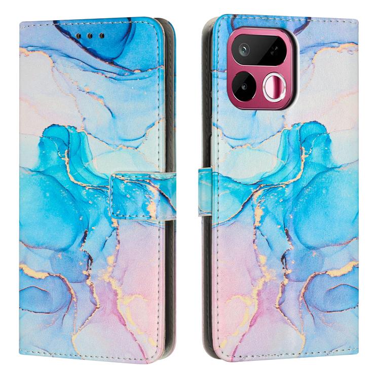 Blue marble leather wallet phone case with front camera cutout and magnetic clasp