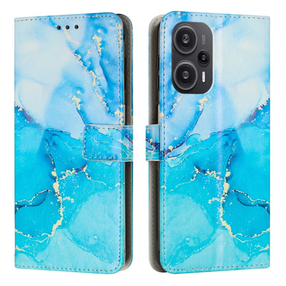 Light blue and teal painted marble pattern leather phone case with magnetic flap.
