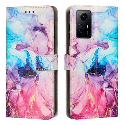 Multicolor painted marble pattern leather phone case with magnetic flap, front and back.