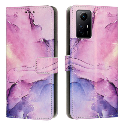 Pink-purple marble leather phone case with flip cover and camera cutout