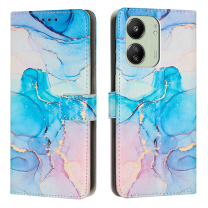 Marble pattern leather phone case with folio flap, blue and lilac marble pattern.