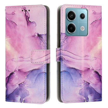 Marble pattern leather phone case with folio flap, purple and pink watercolor design.