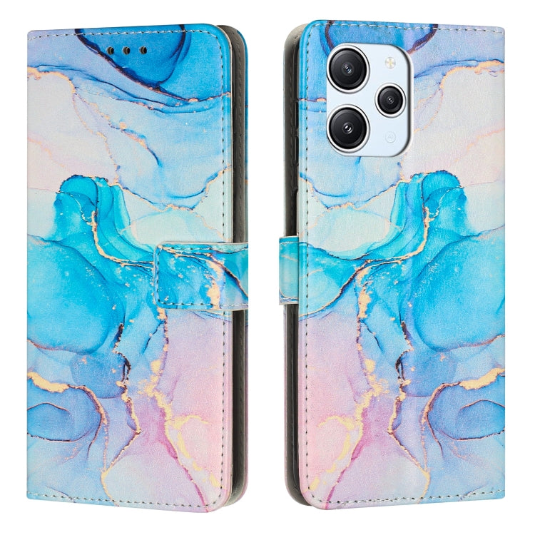 Blue and purple painted marble pattern leather phone case with magnetic flap.