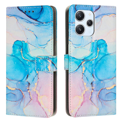 Blue and purple painted marble pattern leather phone case with magnetic flap.