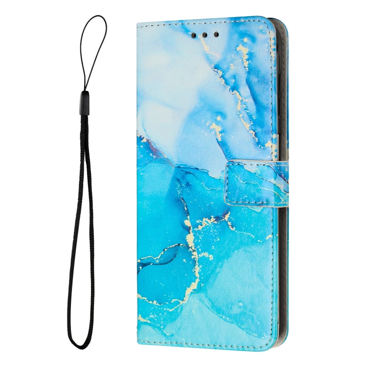 Blue painted marble pattern leather phone case with wrist strap and front flap