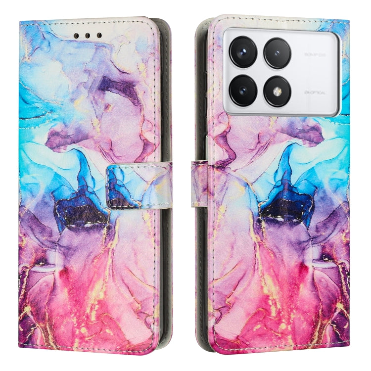 Pink purple painted marble leather phone case with magnetic flap and camera cutouts