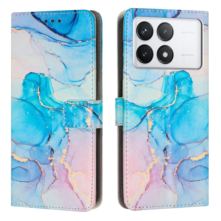 Blue and lavender marble leather phone wallet case with magnetic flap and card slot