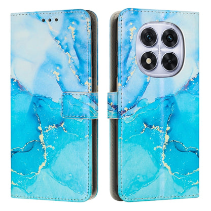 Blue painted marble leather flip phone case with card slots and camera cutout