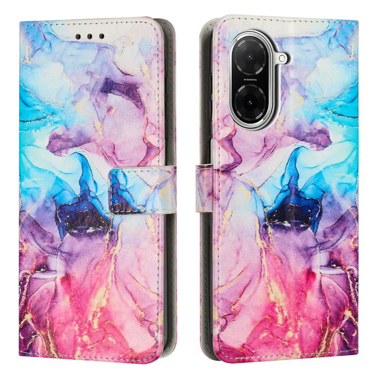 Painted marble pattern leather phone case with magnetic strap, multicolor blue and pink design