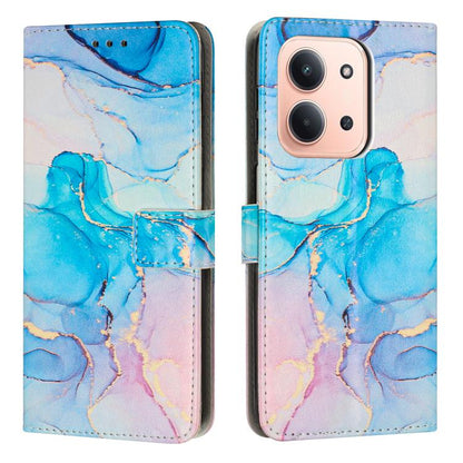 Painted marble pattern leather phone case with folio flap, sky blue marble with light accents