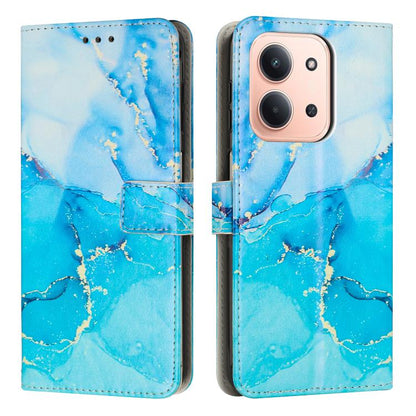 Painted marble pattern leather phone case with magnetic strap, blue marbled design