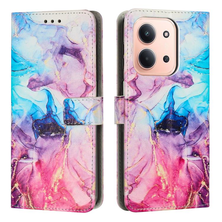Painted marble pattern leather phone case with magnetic strap, blue and pink marbling