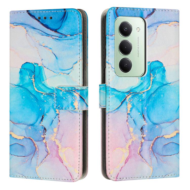 Leather phone case with flip cover, blue marble watercolor pattern with purple accents and camera cutout