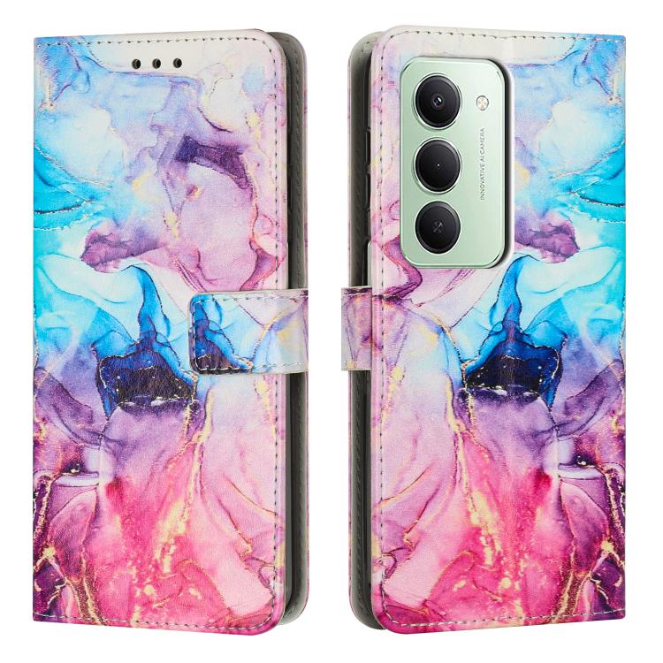 Leather phone case with flip cover, blue and pink-purple marble watercolor pattern