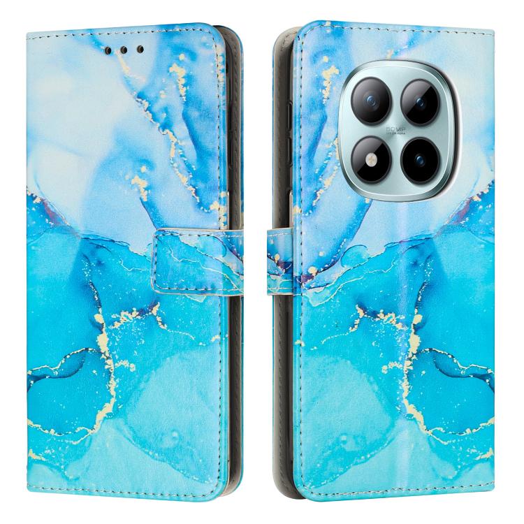 Leather flip phone case with blue painted marble pattern, card pocket, quad camera cutout
