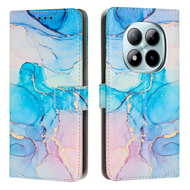 Painted marble pattern leather phone case with folio flap, blue marble with pink highlights