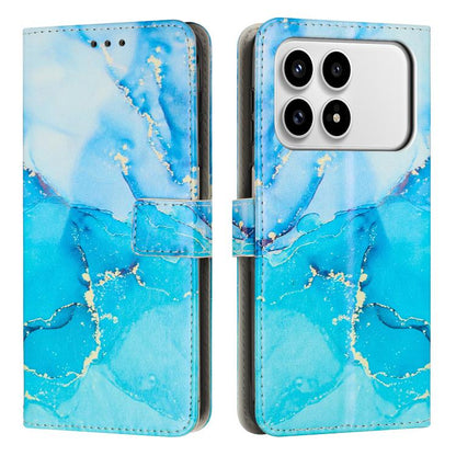 Blue painted marble leather wallet phone case with card slot and raised camera ring