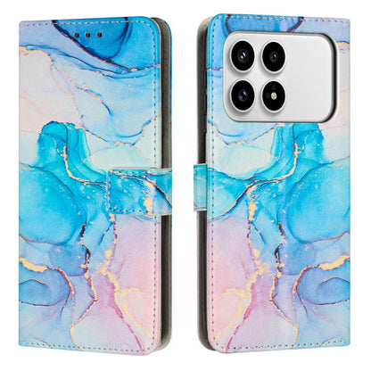 Blue painted marble leather wallet phone case with card slot and quad camera cutout