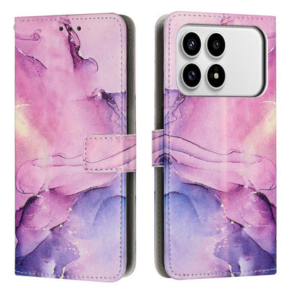 Painted marble pattern leather phone case with folio flap, pink and purple design