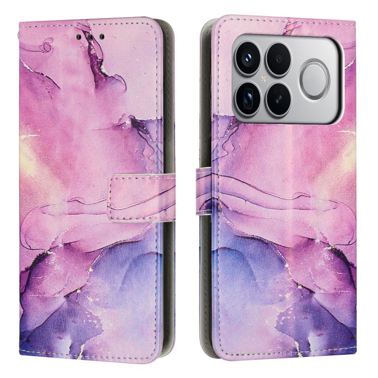Pink and purple painted marble leather wallet phone case with card slot and camera cutout