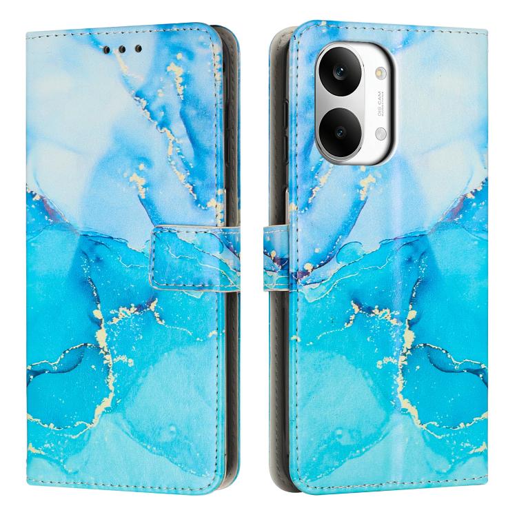 Flip leather-look phone case with painted marble pattern in light blue and blue; card slot.