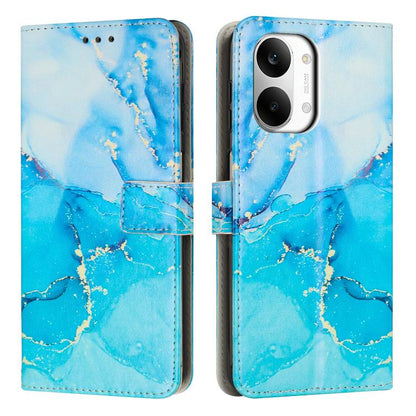 Flip leather-look phone case with painted marble pattern in light blue and blue; card slot.