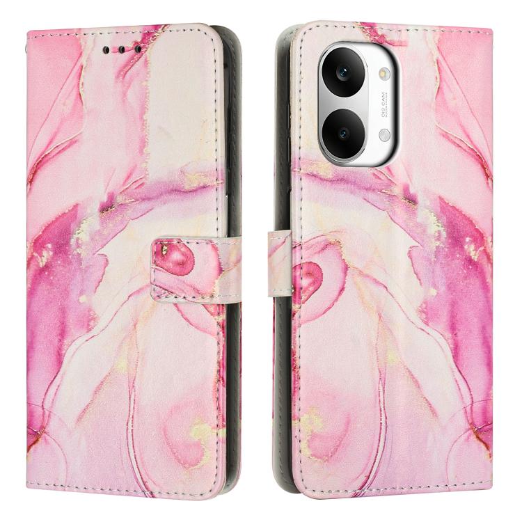 Flip leather-look phone case with painted marble pattern in pink and white; card slot.