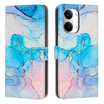 Flip leather-look phone case with painted marble pattern in blue and lavender; card slot.