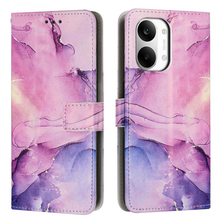 Leather flip phone case with pink and purple painted marble pattern, card pocket, dual camera cutout
