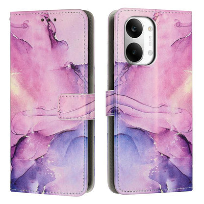 Leather flip phone case with pink and purple painted marble pattern, card pocket, dual camera cutout